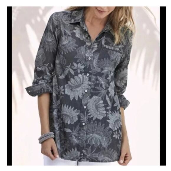 Soft Surroundings blouse small gray floral 100% lyocell ladder lace long sleeve - Picture 1 of 10